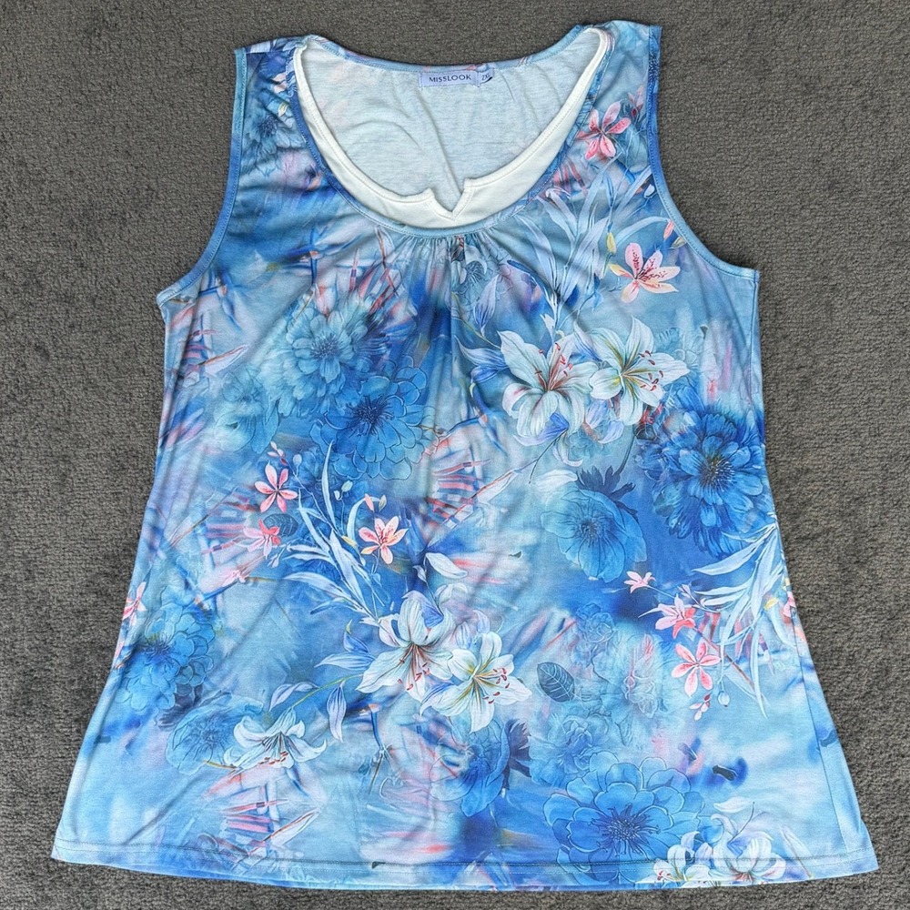 MISSLOOK Blue Floral Sleeveless Tank Top Plus‎ Size 2XL Cotton Blend 1202521#